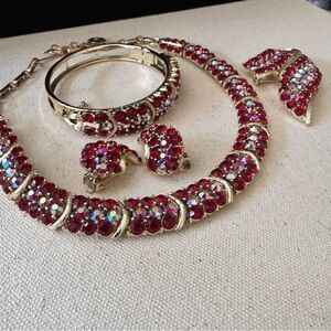 Vintage LISNER Red Carnival Glass Rhinestone  Necklace, Brooch, and Earrings